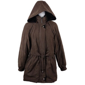 IZZI Brown Faux Suede Leather Hooded Long Sleeve Mid Length Zip Up Winter Coat